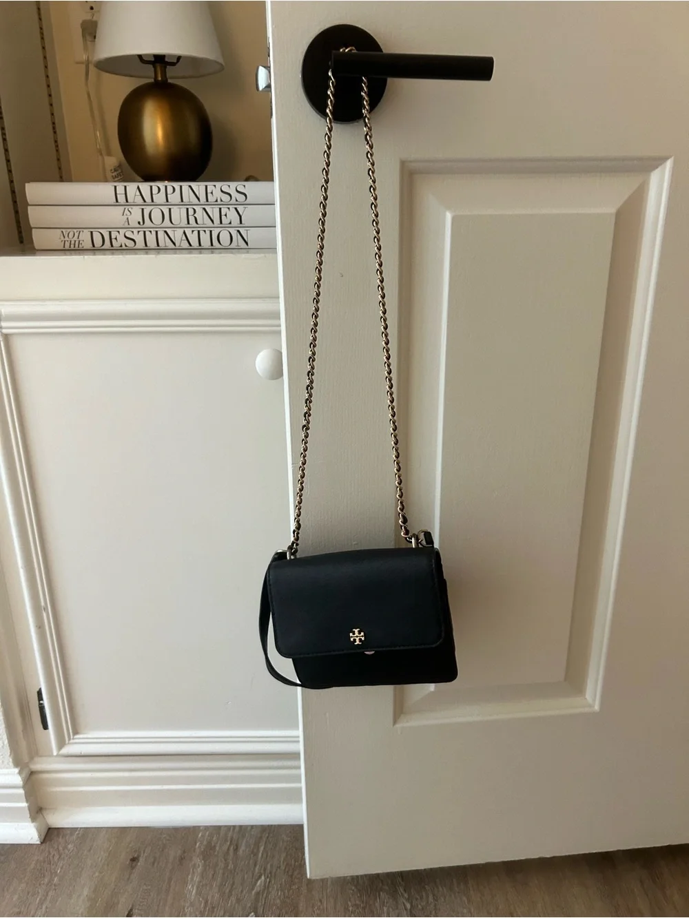 Tory Burch Black Leather Crossbody with Gold Logo Chain